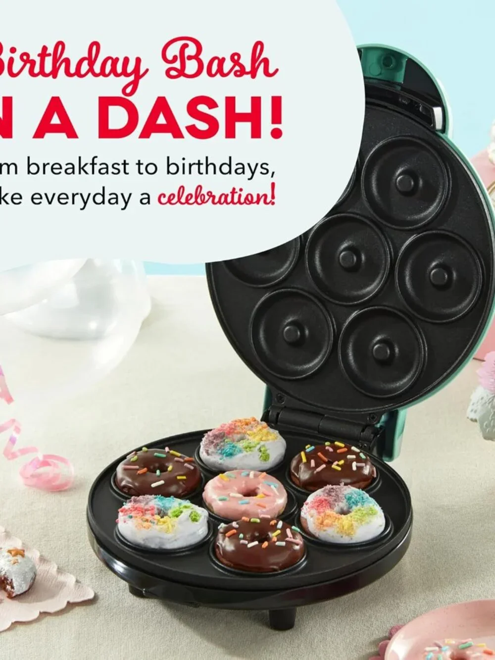 Dash Express Mini Donut Maker, 7 Donuts, Aqua | Electric Doughnut Machine for Ki
